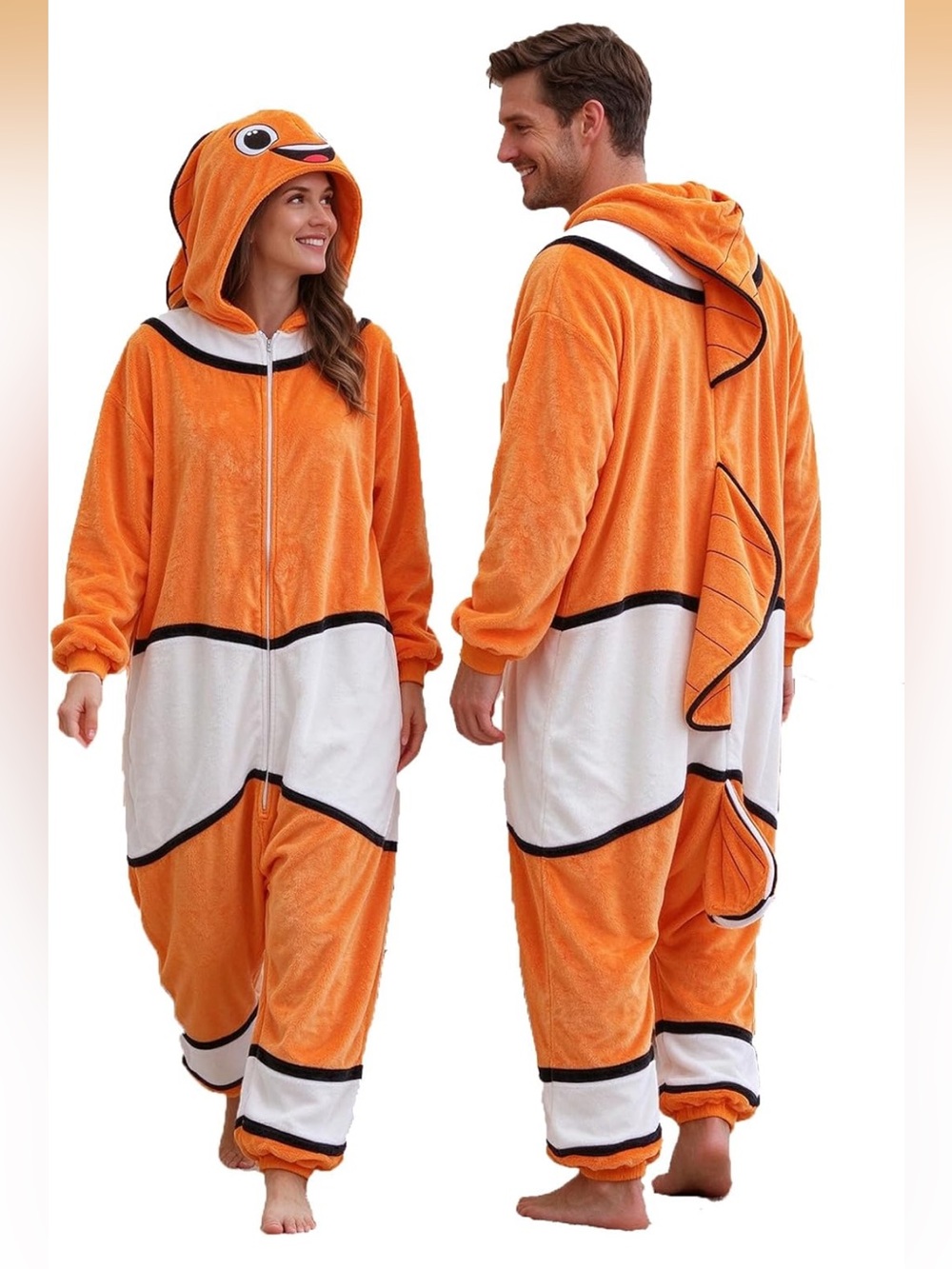 Adult S Nemo Orange Clownfish One-Piece Hooded Pajamas Costume
